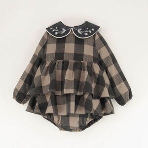 Popelin Taupe check romper suit with frill NWT